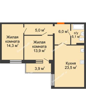 2 комнатная квартира 71,7 м² в ЖК Квартал Перемен	, дом ГП-1