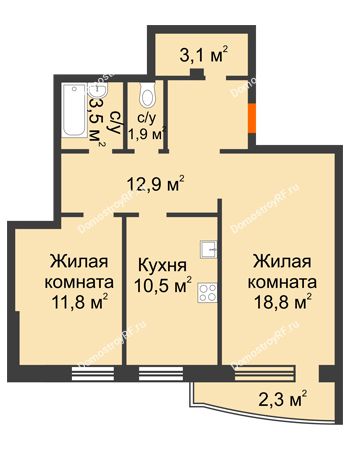 2 комнатная квартира 64,8 м² в ЖК Спутник, дом Позиция 4