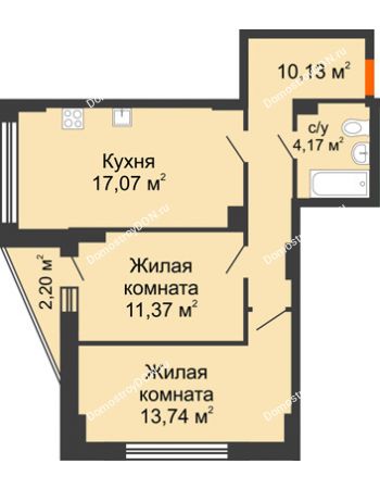 2 комнатная квартира 57,37 м² в ЖК Рубин, дом Литер 3