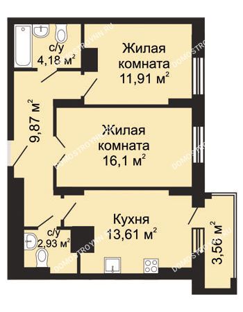 2 комнатная квартира 60,38 м² - ЖК Гелиос