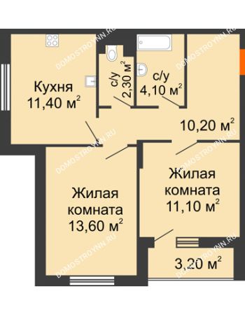 2 комнатная квартира 54,3 м² в ЖК Цветы, дом № 6-2