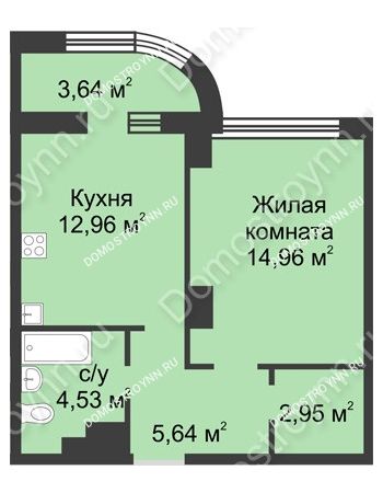 1 комнатная квартира 42,88 м² в ЖК Караваиха, дом № 5