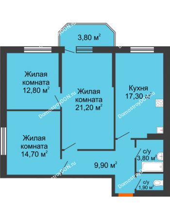 3 комнатная квартира 85,4 м² в ЖК Три Сквера (3 Сквера), дом № 31