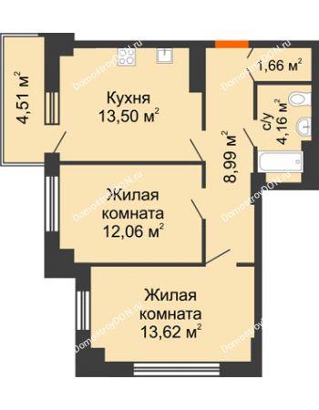 2 комнатная квартира 55,34 м² в ЖК Аврора, дом № 2