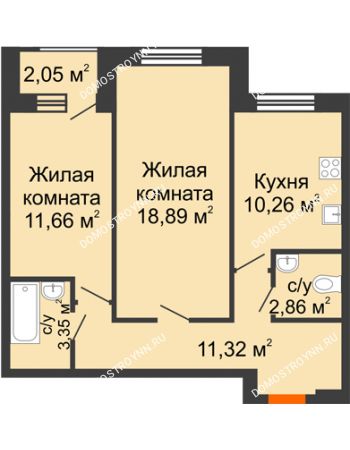 2 комнатная квартира 58,83 м² - ЖК Дом на Чаадаева