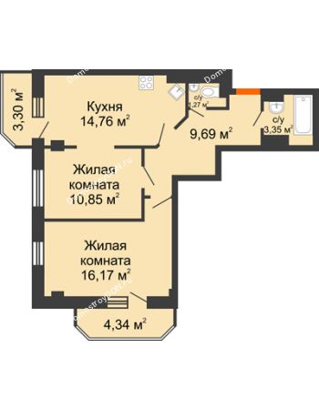 2 комнатная квартира 63,73 м² в ЖК Горизонт, дом № 2