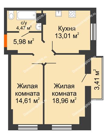 2 комнатная квартира 60,44 м² - ЖК Штахановского
