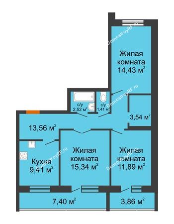 3 комнатная квартира 77,73 м² в ЖК DIVNYI, дом 1 очередь строительства, блок-секции 1,2,3