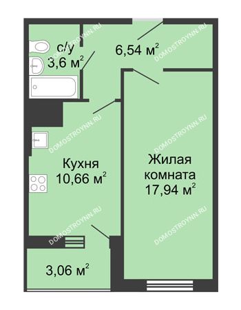 1 комнатная квартира 41,8 м² в ЖК Красная поляна, дом №3