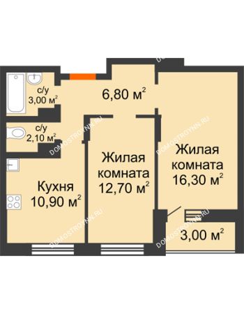 2 комнатная квартира 54,8 м² в ЖК Подкова на Цветочной, дом № 7