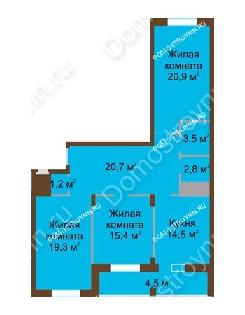 3 комнатная квартира 102,8 м² в ЖК Монолит, дом № 89, корп. 1, 2