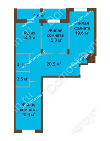 3 комнатная квартира 103,7 м² в ЖК Монолит, дом № 89, корп. 1, 2