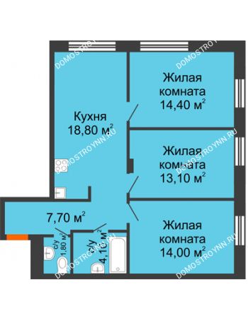 3 комнатная квартира 73,9 м² в ЖК Заречье, дом № 6
