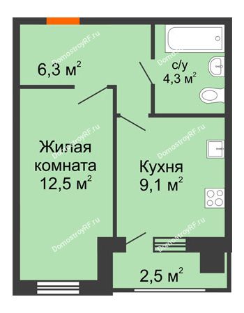 1 комнатная квартира 33,5 м² - ЖК Акварель