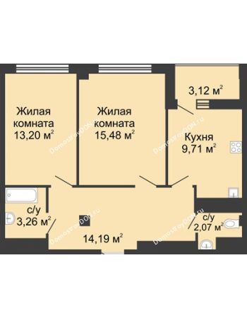 2 комнатная квартира 59,74 м² в  ЖК РИИЖТский Уют, дом Секция 1-2