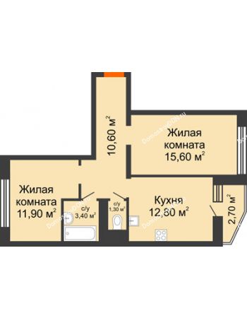 2 комнатная квартира 56,8 м² в ЖК 5 Элемент (Пятый Элемент), дом Корпус 5-7 (Монолит)