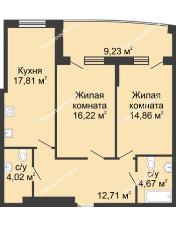 2 комнатная квартира 80,9 м² в ЖК Тихий Дон, дом № 1