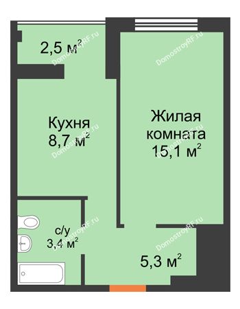 1 комнатная квартира 33,75 м² в ЖК На Ватутина, дом ГП 1.1,1.2,1.3