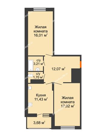 2 комнатная квартира 65,12 м² в ЖК Фрунзе, 85, дом № 3