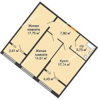 2 комнатная квартира 64,48 м² в ЖК Сердце, дом № 1 - планировка