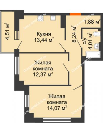 2 комнатная квартира 55,36 м² в ЖК Аврора, дом № 3